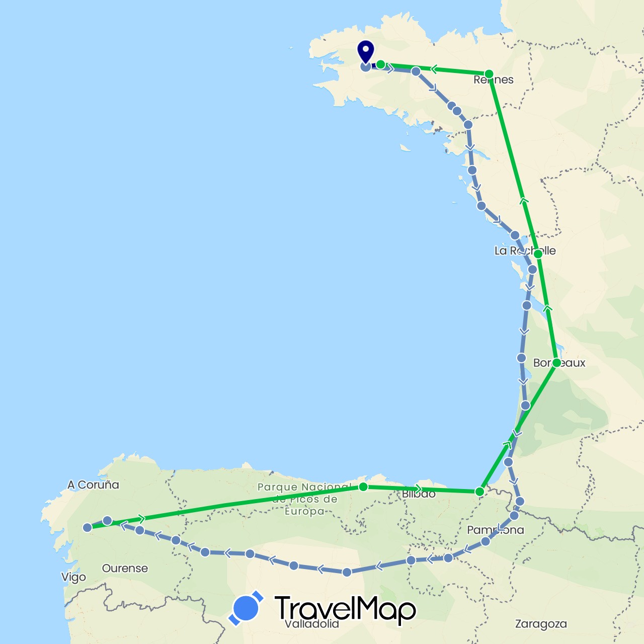 TravelMap itinerary: driving, bus, cycling in Spain, France (Europe)