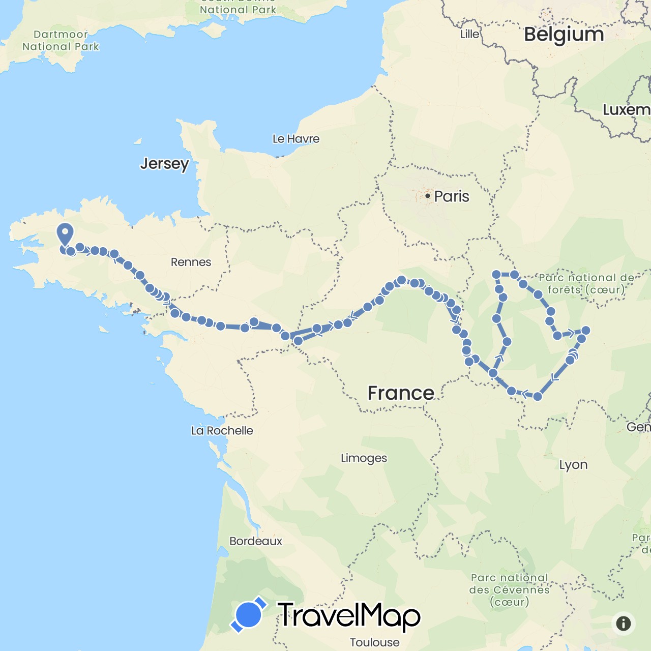 TravelMap itinerary: driving, cycling in France (Europe)