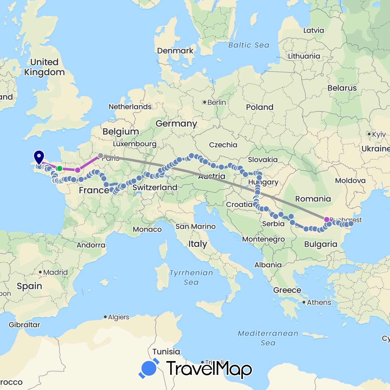 TravelMap itinerary: driving, bus, plane, cycling, train in Austria, Bulgaria, Switzerland, Germany, France, Croatia, Hungary, Romania, Serbia, Slovakia (Europe)